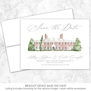 Bradley Estate Save the Date, Canton Massachusetts Estate Venue Save the Date, Custom Venue, Watercolor Painting, Custom Watercolor