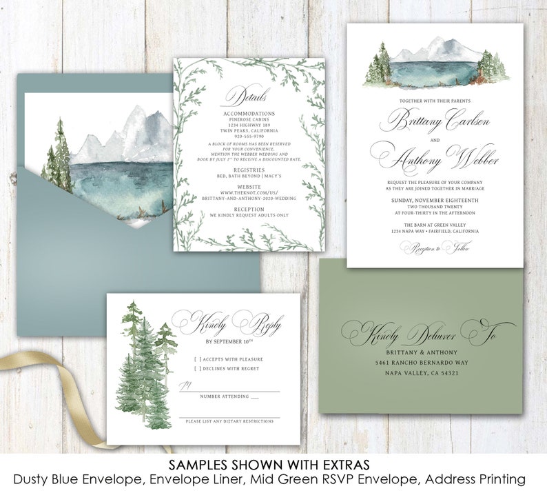 Forest Watercolor Wedding Invitations, pine tree wedding, wedding invites, wedding invitation, greenery, mountain, forest, green image 4