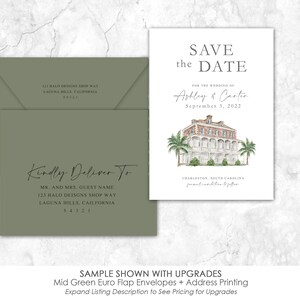 May include: Save the Date card with a watercolor illustration of a building in Charleston, South Carolina. The card is for the wedding of Ashley and Carter on September 3, 2022.