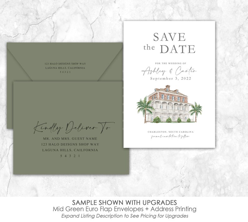 May include: Save the Date card with a watercolor illustration of a building in Charleston, South Carolina. The card is for the wedding of Ashley and Carter on September 3, 2022.