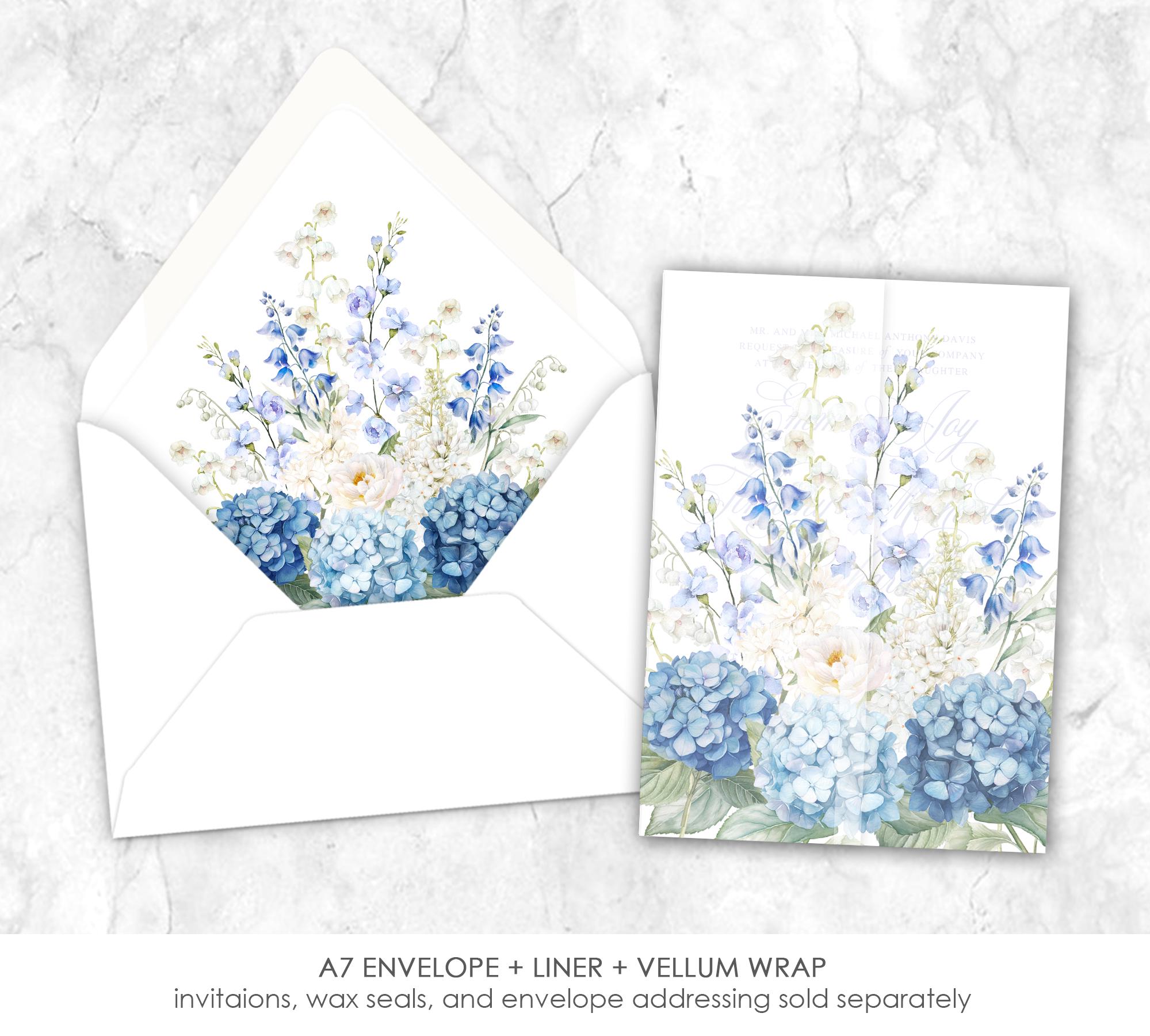 Blue & White floral Vellum Wrap AND Liner | French, deep and light blue, periwinkle, hydrangea, delphinium, bluebell, lily of the valley