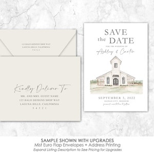 May include: Save the Date card with a watercolor illustration of a white barn with a green lawn and trees. The text reads "Save the Date for the wedding of Ashley & Carter" and "September 3, 2022, Kansas City, Missouri".