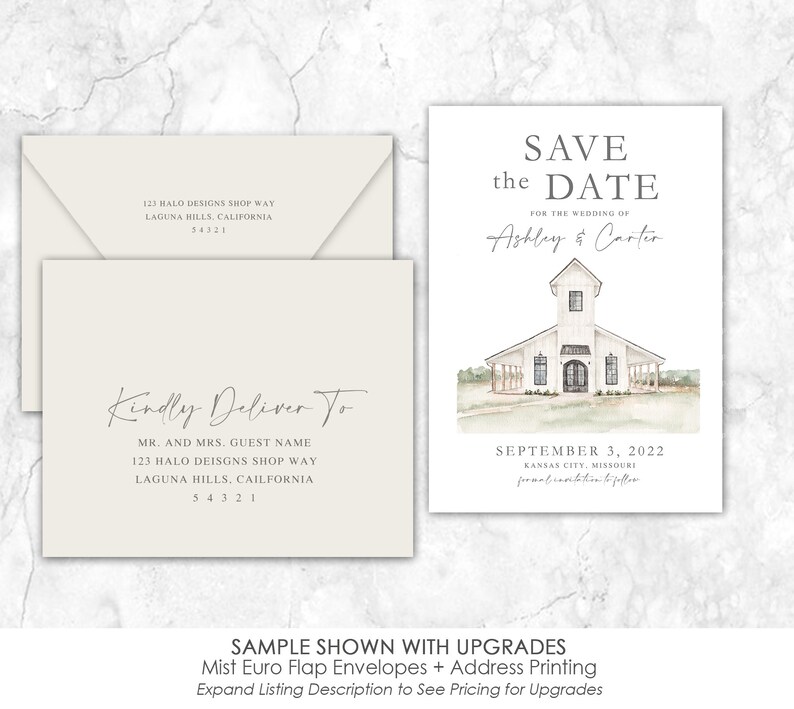 May include: Save the Date card with a watercolor illustration of a white barn with a green lawn and trees. The text reads "Save the Date for the wedding of Ashley & Carter" and "September 3, 2022, Kansas City, Missouri".