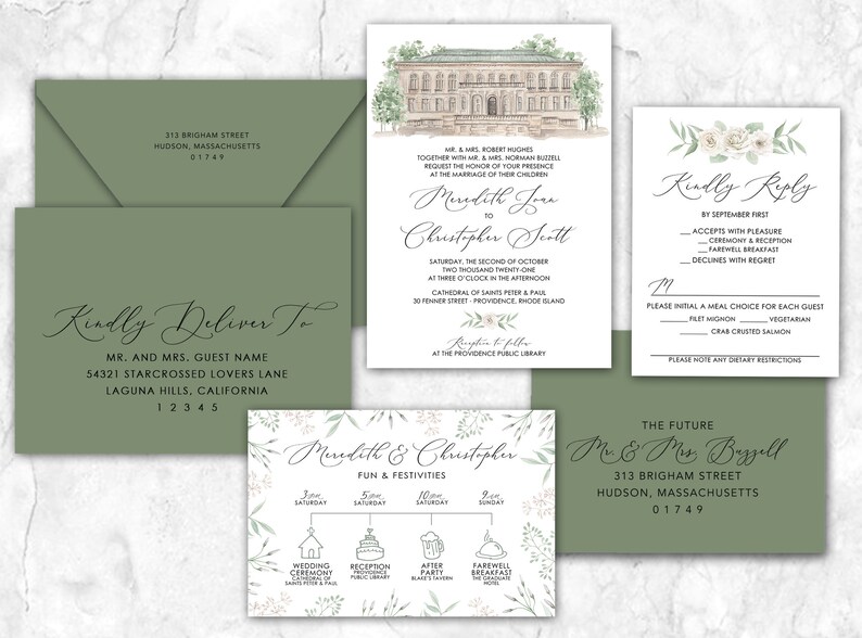 Puede incluir: Un conjunto de invitaciones de boda con una ilustraci&oacute;n de acuarela de un edificio. La invitaci&oacute;n presenta un dise&ntilde;o floral verde y blanco con los nombres Meredith Joan y Christopher Scott. La tarjeta RSVP incluye una opci&oacute;n de elecci&oacute;n de comida con filete mignon, salm&oacute;n con costra de cangrejo y vegetariano. La tarjeta de guardar la fecha presenta una l&iacute;nea de tiempo de los eventos de la boda.