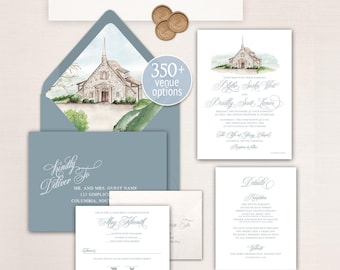 May include: A wedding stationery set featuring a dusty blue envelope with a watercolor chapel illustration, a matching invitation, a details card, and an RSVP card, all with elegant script text and three circular wax seals in a light brown tone.