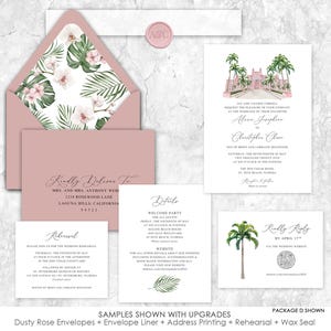 May include: A wedding invitation suite with a dusty rose envelope, a white envelope liner, and a wax seal. The invitation features a watercolor illustration of a pink building with palm trees. The text on the invitation reads "San and Valerie Cordell request the pleasure of your company at the marriage of their daughter Alexa Josephine to Christopher Clase".