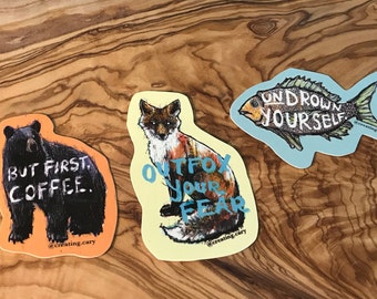 Animal Sticker Pack, Bear, Fox, Cute Animals, Coffee Art, Decals, Fun Stickers, Stickers for my Laptop, Stickers for my Water Bottle, Snarky
