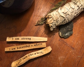 Laser Engraved Message on Palo Santo, Scented Gifts, Incense, Good Vibes Gift, Affirmations, Positive Messages, Hippie Gifts, Spiritual,