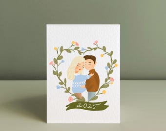 Pregnancy announcement illustration, Custom Couple Portrait, Personalised Couple illustration, Gift ideas, Family illustration