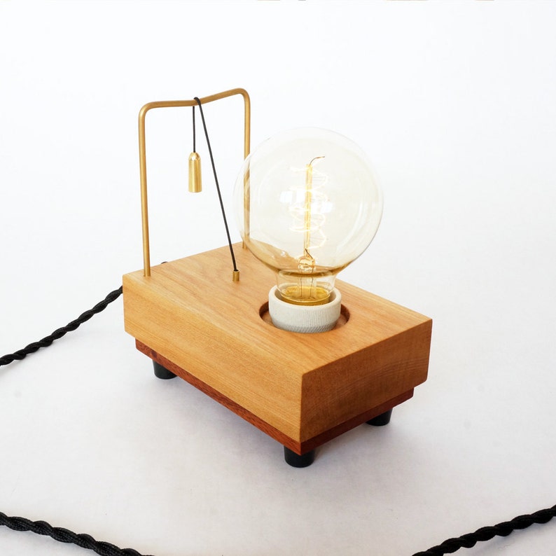 Table Lamp pull 2 Edison Bulb Brass Frame Hickory Wood Etsy