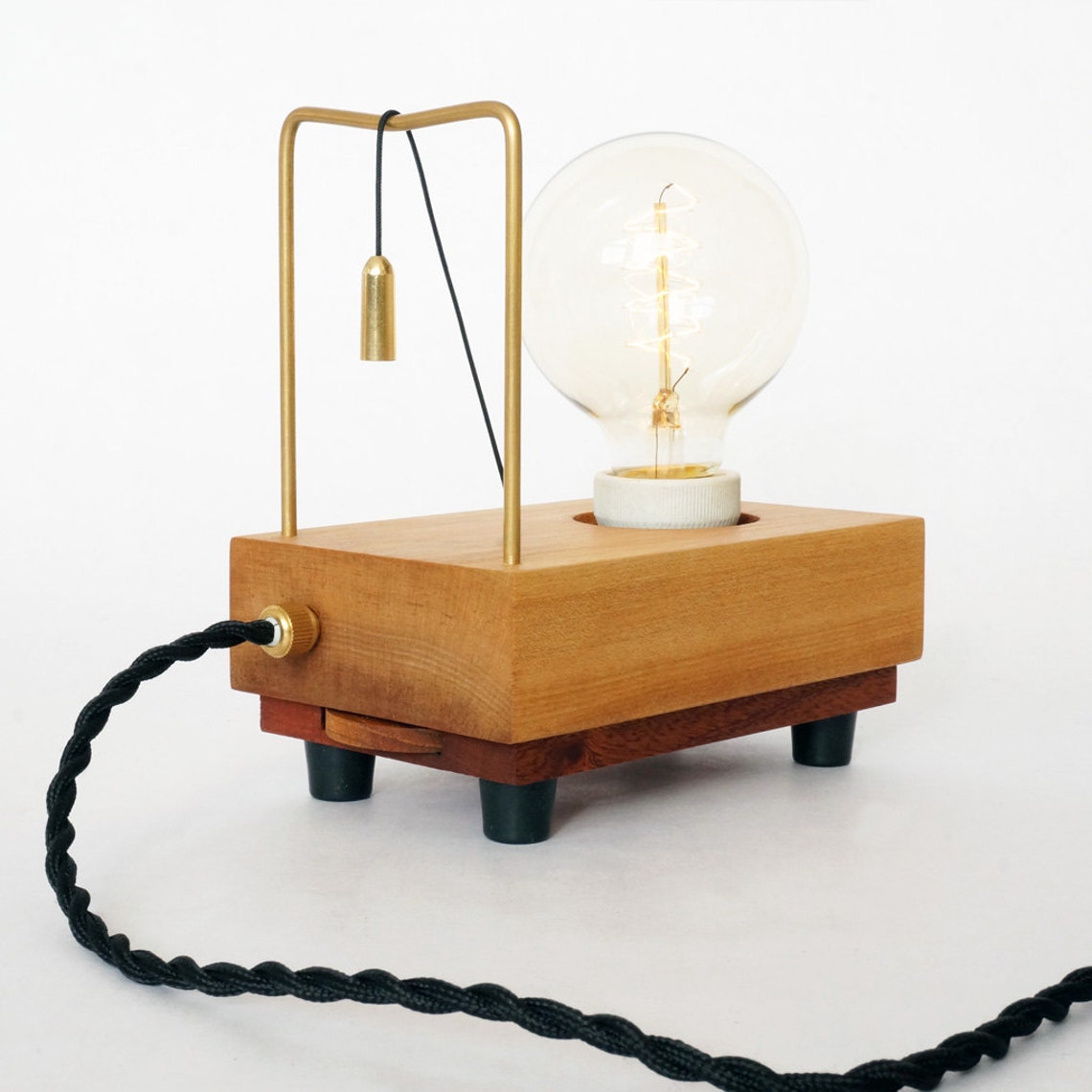 Table Lamp pull 2 Edison Bulb Brass Frame Hickory Wood Etsy