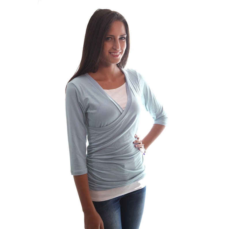 2-in-1 Maternity Nursing Top Stylish Nursing Wear for Office or Work Free Shipping Wrap Nursing Top Light Blue Breastfeeding Shirt