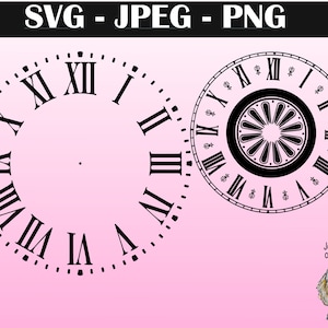 May include: Black and white clock face with Roman numerals. The clock face is on a pink background.