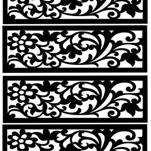 May include: Six black and white decorative panels with intricate floral designs. Each panel features a repeating pattern of stylized flowers and leaves.