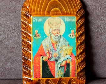 Saint Nicolas Christian religieux vintage icône sculpture à la main bois peint à la main