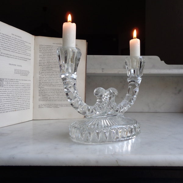 bougeoir en verre des années 60, chandelier pour 2 bougies, vintage français