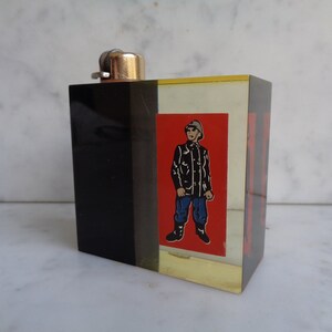 resin inclusion, firefighter lighter holder, vintage French 1980s, unusual object, collection