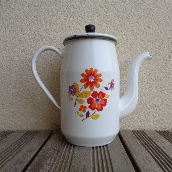 cafetière émaillée, vintage des années 70, émail blanc et fleurs psychédéliques