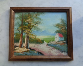 vintage french painting, landscape, signed oil painting, retro decor, countryside and rustic mountain