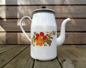 Vintage enamelled coffee maker, white enamel kettle and flower motifs - retro teapot, French jug coffee pot or vase, enamel shabby France