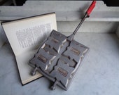 waffle or croque-monsieur mold, vintage cast iron and wood waffle iron, star device, French kitchen utensil 1960