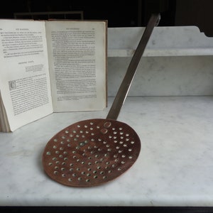 large copper skimmer, antique hanging utensil, kitchen decor, vintage French