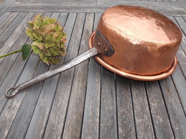 Ancienne grosse casserole en cuivre étamé et manche en fonte Etsy