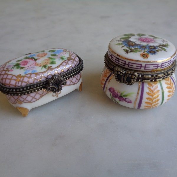 2 petites boîtes en porcelaine de collection, miniatures, piluliers, vintage français