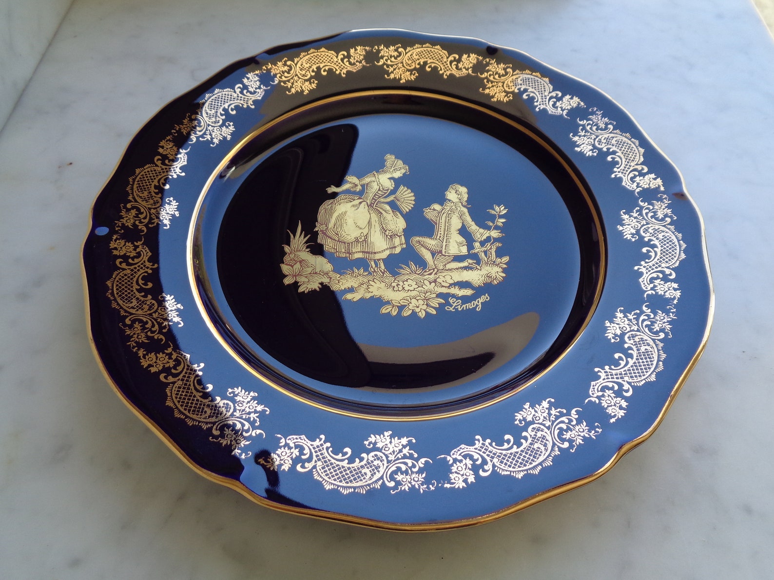 Limoges plate cobalt blue porcelain with gilding and gallant Etsy