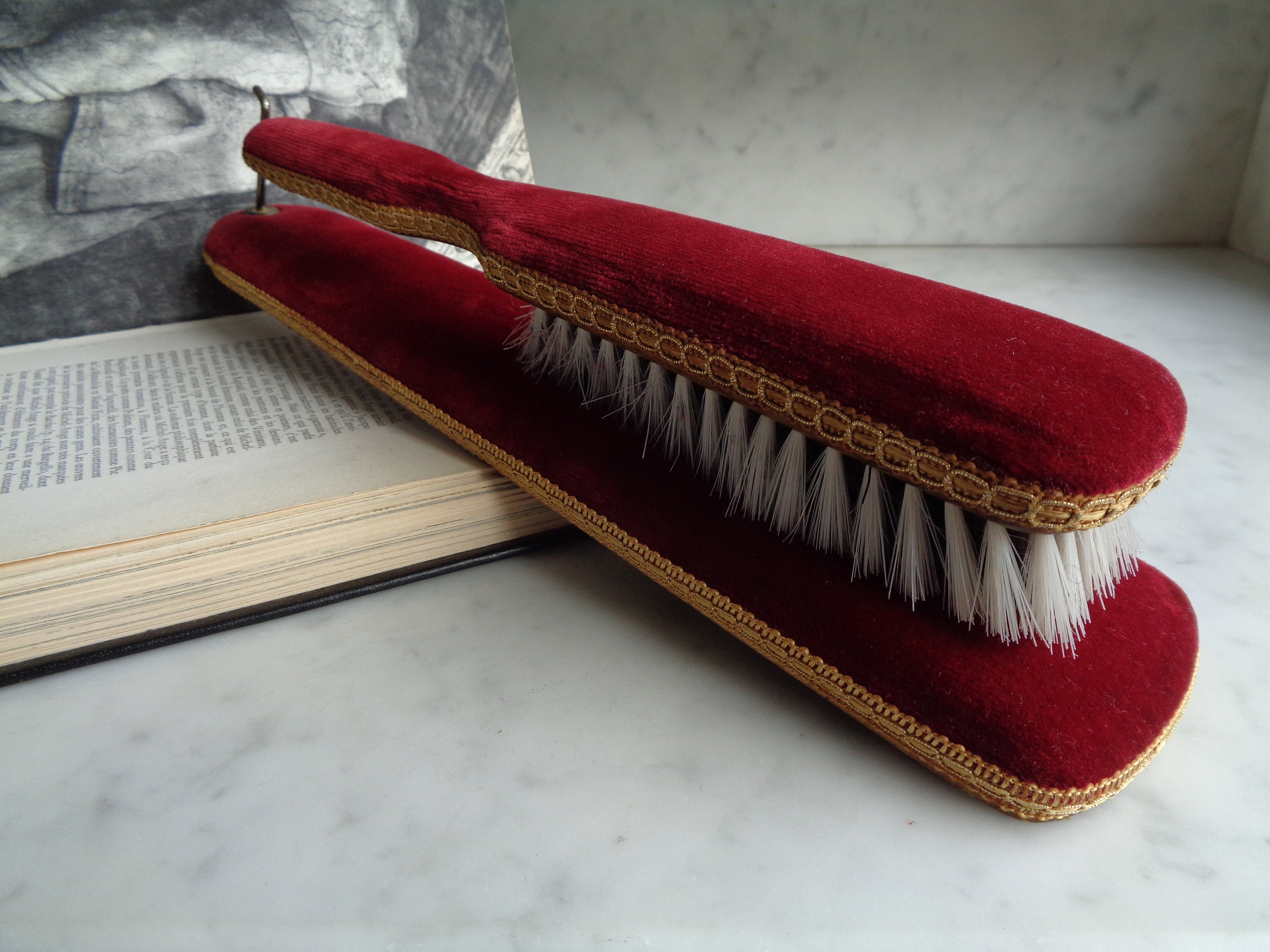 Vintage clothes brush with wall holder red velvet and Etsy