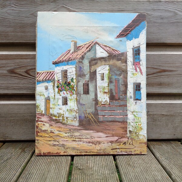 peinture maisons de Provence, tableau français vintage, toile signée, bastides provençales, sud de la France