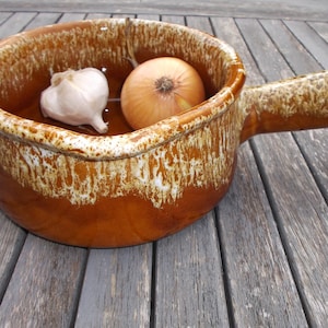 Skillet, varnished vintage pottery and flamed - terracotta glazed skillet of the years 1970 - Pot cauldron of witch, Halloween decor