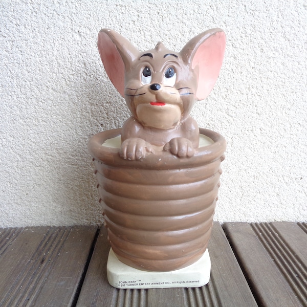 la souris Jerry dans un pot de fleurs, collection Tom & Jerry, personnage de dessin animé en poterie vintage, 1997 Turner Entertainment Co