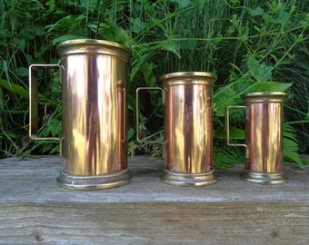Solid copper and brass measurements, nice quality set, antique french, old kitchen decor, country chic