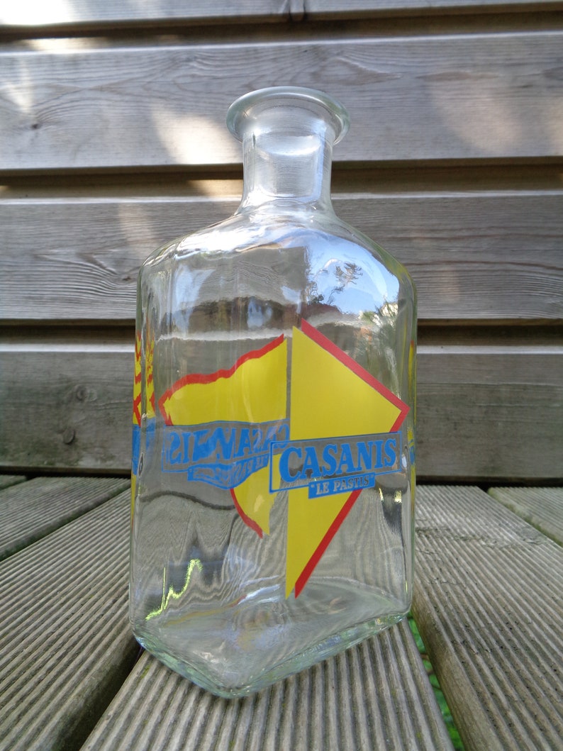 vintage glass pitcher blue and red logo Casanis Le Pastis advertising carafe water carafe to water French pastis yellow