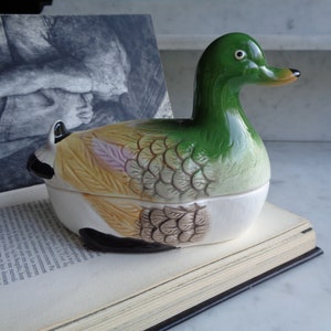 ceramic duck, dish with lid, decorative vintage earthenware, duck terrine, kitchen decor, France