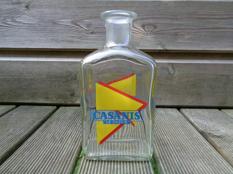 vintage glass pitcher blue and red logo Casanis Le Pastis advertising carafe water carafe to water French pastis yellow