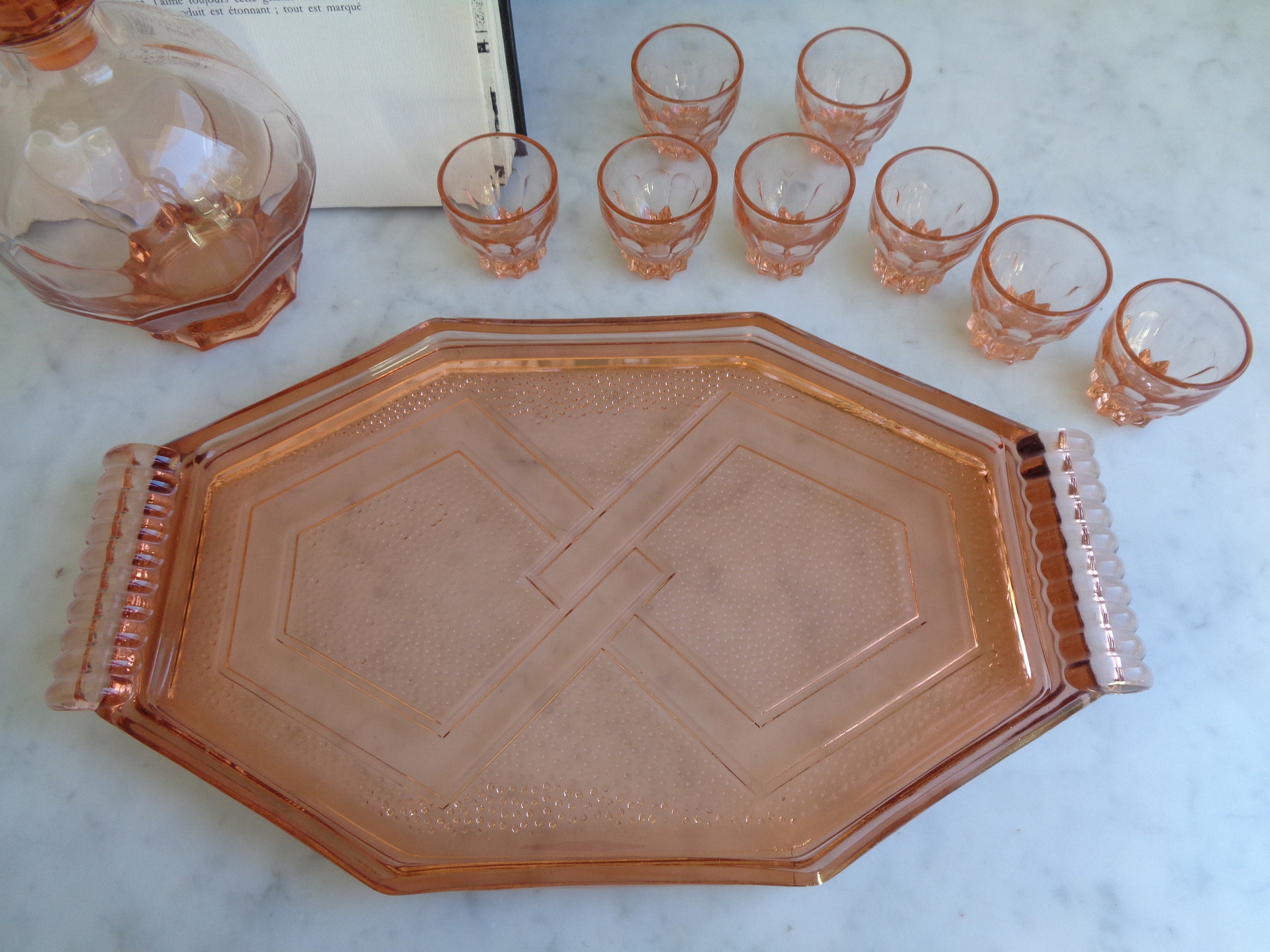 Plateau De Service Art Déco En Verre Avec 5 Raviers - Apéritif - Vintage 1960