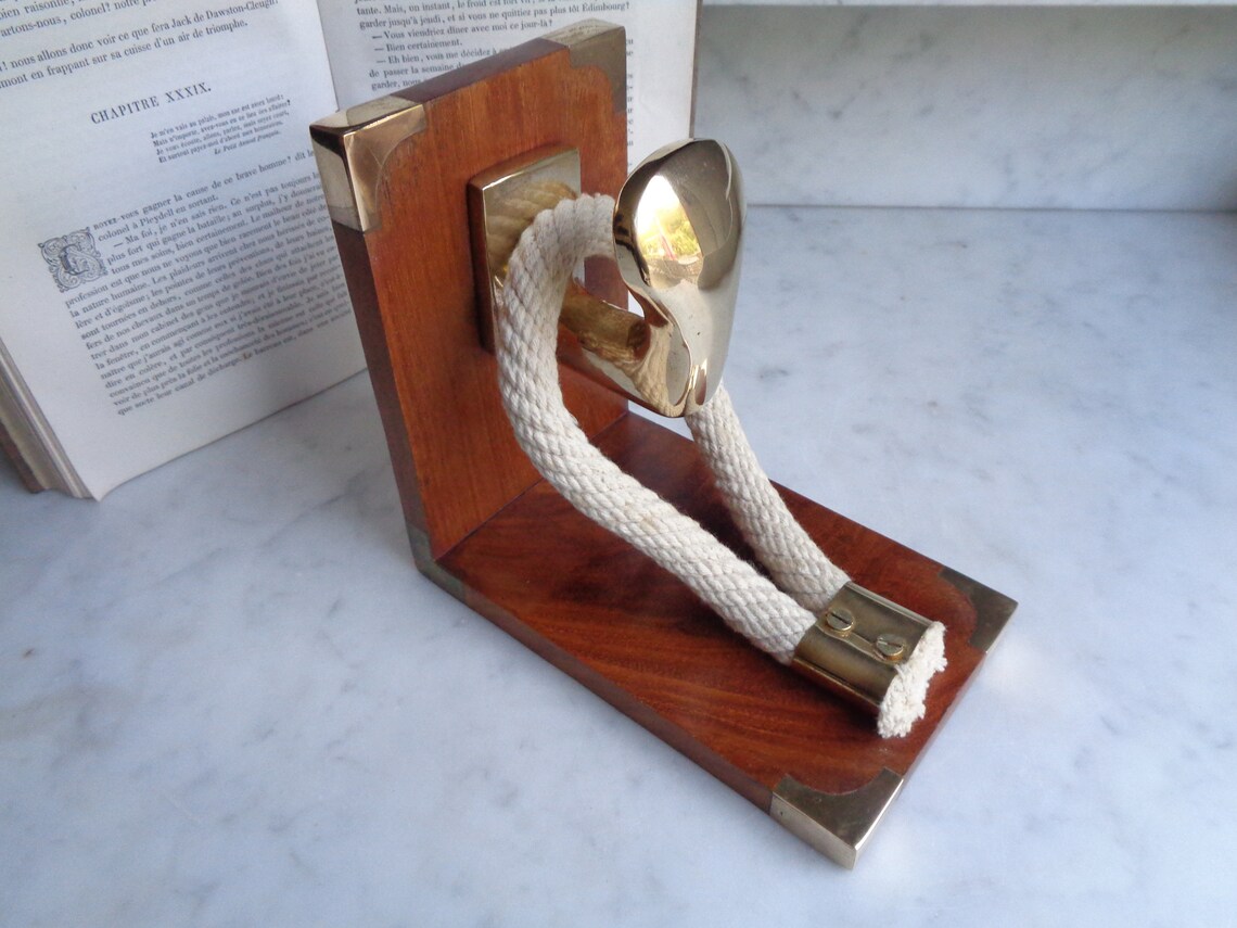 Large Bookend Nautical Style Wood Brass and Rope Library - Etsy