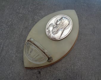 Wall stoup on marble plate with Virgin Mary, religious decoration, devotional object, travel altar, France 1950