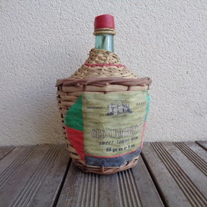 glass demijohn with wicker covering, old port carboy, vintage portuguese, demi john