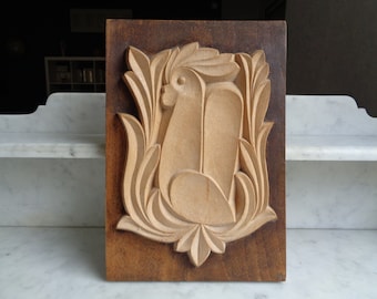 frame with carved wooden rooster, wall decor, coat of arms, French vintage