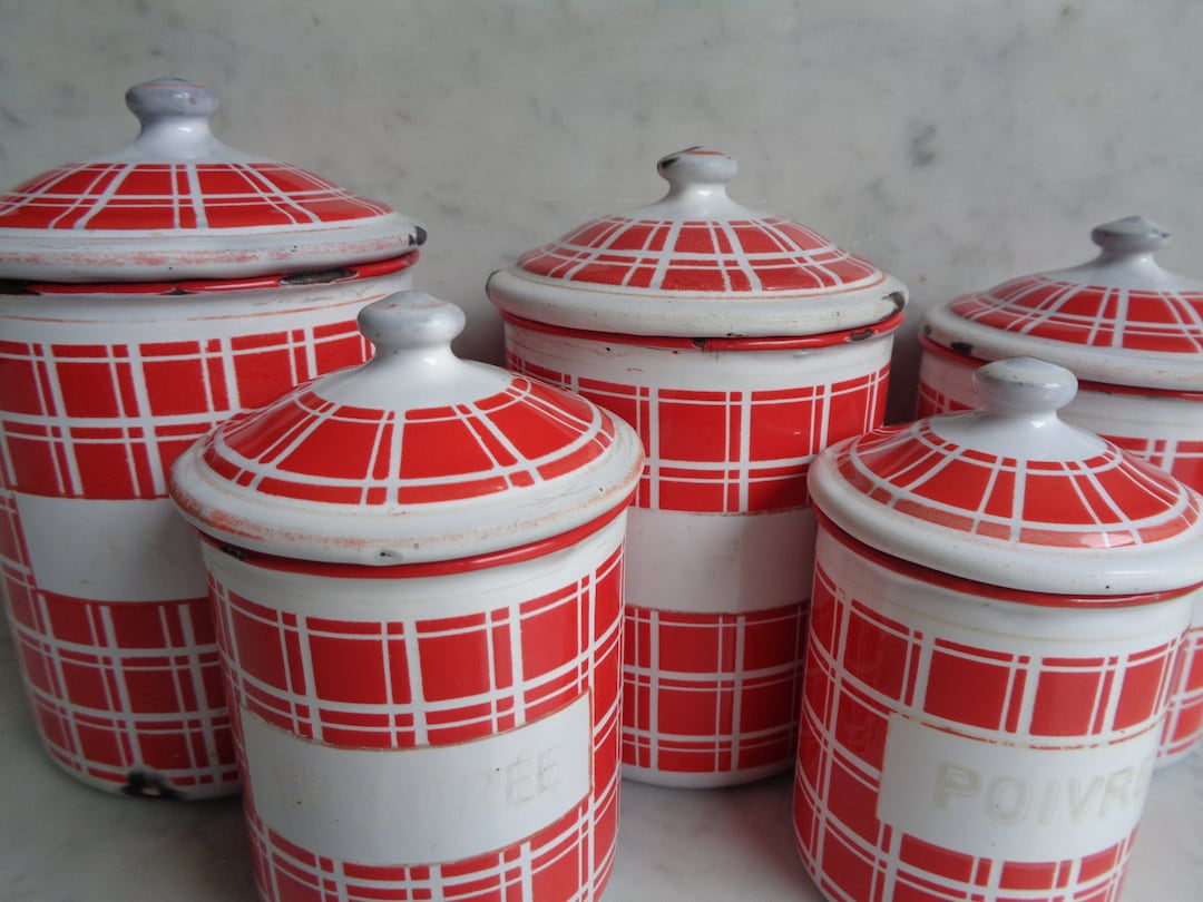 Series of Enamel Metal Kitchen Canisters, White With Red