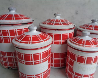 series of enamel metal kitchen canisters, white with red checkered, art deco style, french vintage, retro kitchen decor