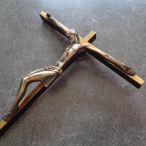 bronze wall crucifix, gold and black Christ cross, mid-century French religious item