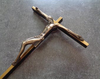 bronze wall crucifix, gold and black Christ cross, mid-century French religious item