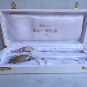 French silverware fork and spoon, silver plated art deco cutlery, baptismal box, silversmith Paris, with hallmarks