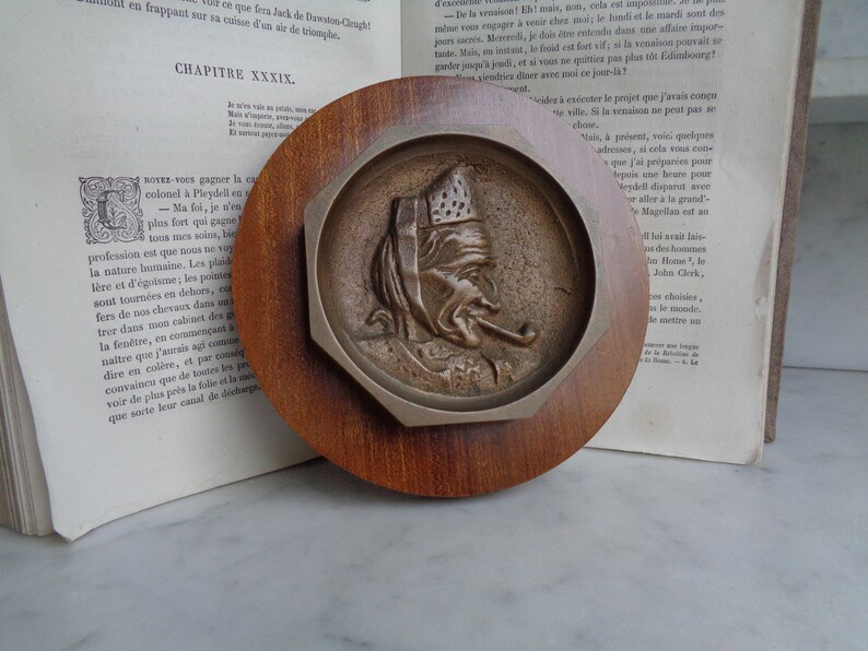 Old Woman Smoking a Pipe, Bronze Wall Decoration on Wood, Art and