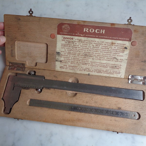 ancien pied à coulisse et réglet avec coffret en bois, marque Roch France, vieil outil, instrument de mesure, vintage français