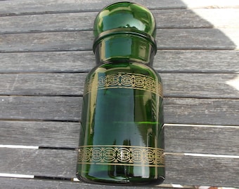 jar green glass and gilded patterns - jar or old bottle of the &#39; 70s, apothecary style bottle - green bottle bottle 1970 vintage